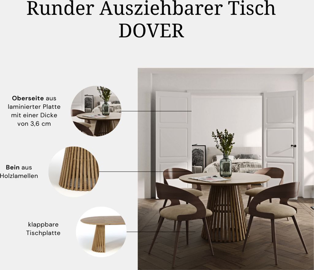 Runder Ausziehbarer Tisch für Esszimmer, DOVER - Produktbild 4