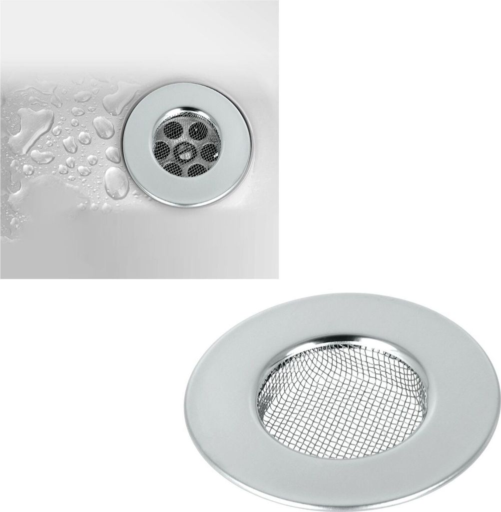A close-up of a sink drain with a metal strainer, and a separate image of the strainer itself.