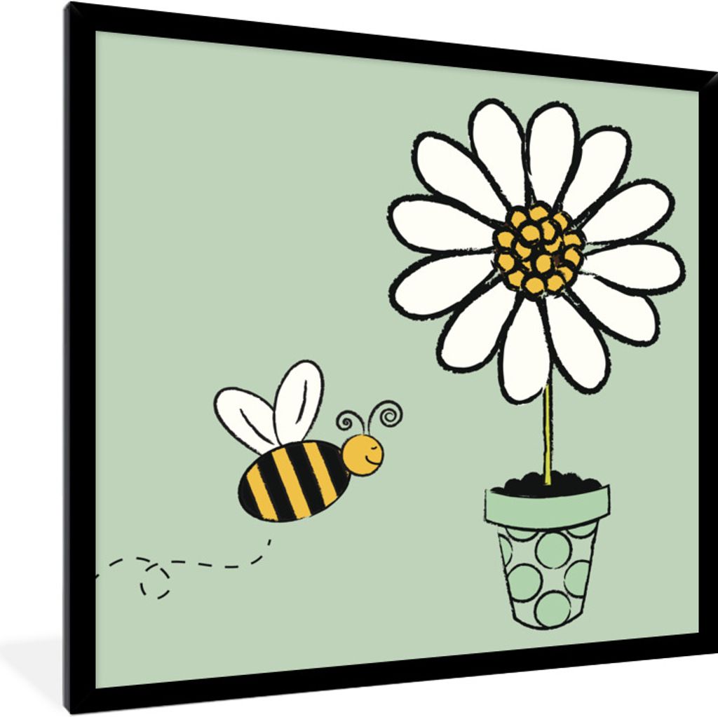 MuchoWow Gerahmtes Poster Illustration einer Biene, die auf eine weiße Blume zufliegt 40x40 cm - Poster mit Schwarzem Bilderrahmen Wandposter Ra...