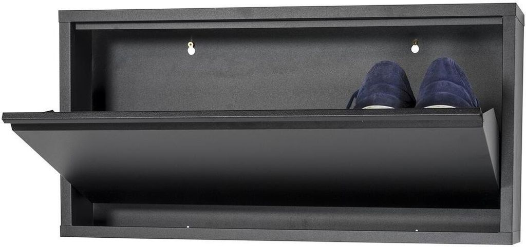 A wall-mounted shoe cabinet with its front flap open, revealing two pairs of blue shoes inside.