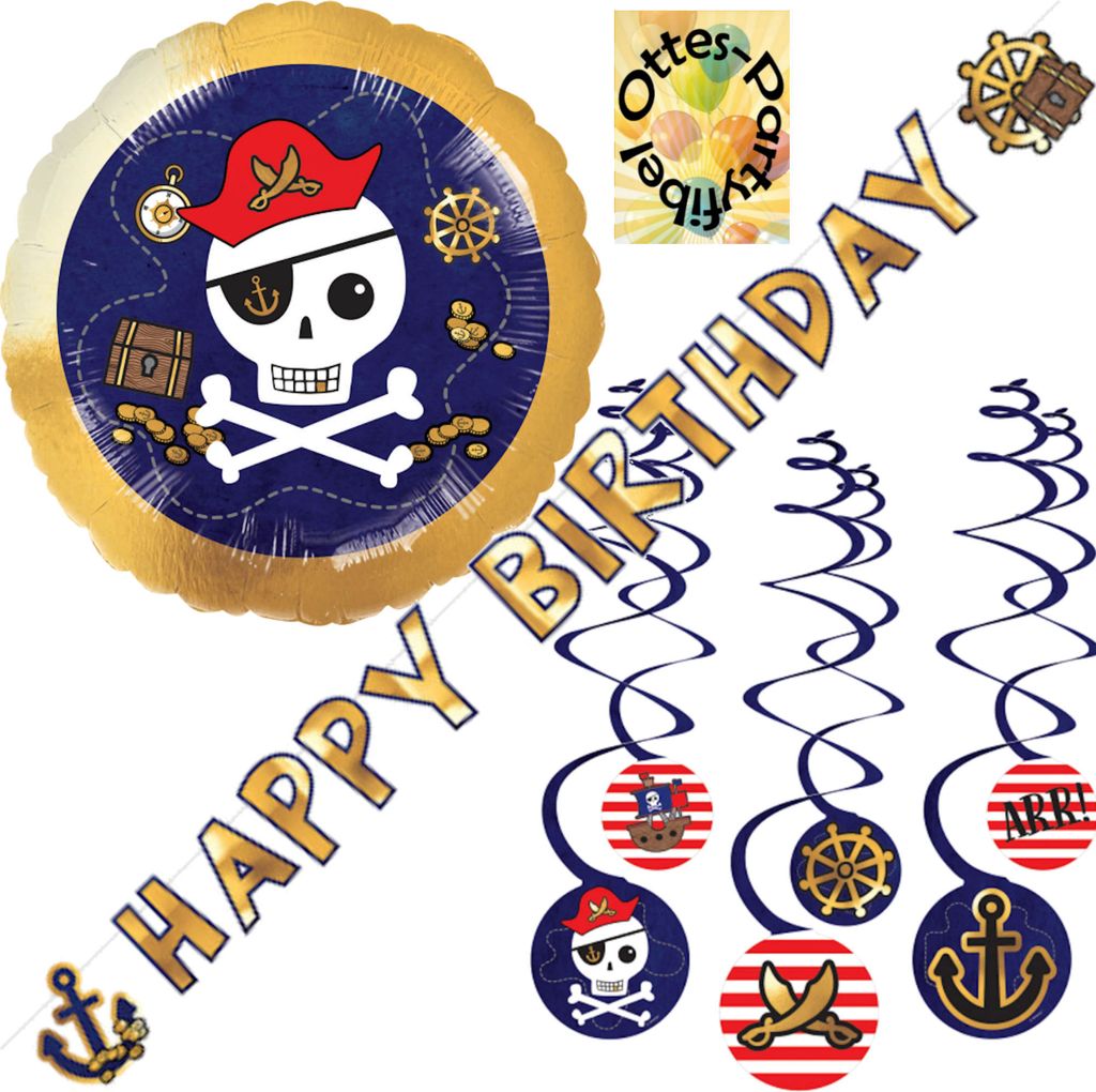 Piraten-Party-Set Dekoset 3 - Partykette Happy Birthday - Folienballon - Dekospiralen
