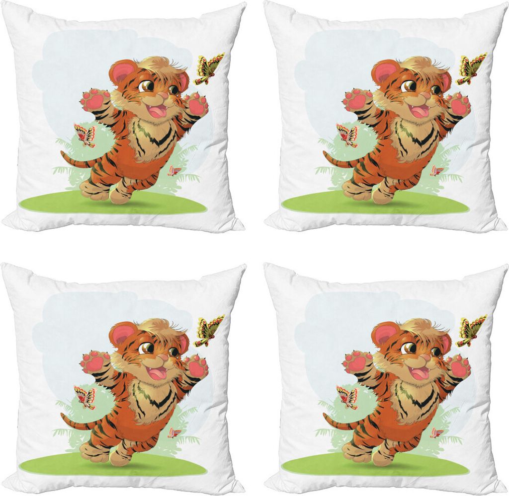 ABAKUHAUS Karikatur Kissenbezug Set (4 Stück), Cub mit Schmetterlingen, Moderner Doppelseitiger Digitaldruck, 40 cm x 40 cm, Orange Creme Grün