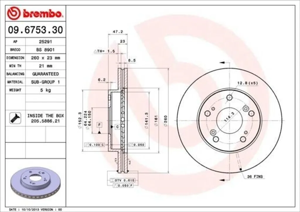 Disque de frein Brembo 09.6753.30 anti-vibration pour Honda Civic VII