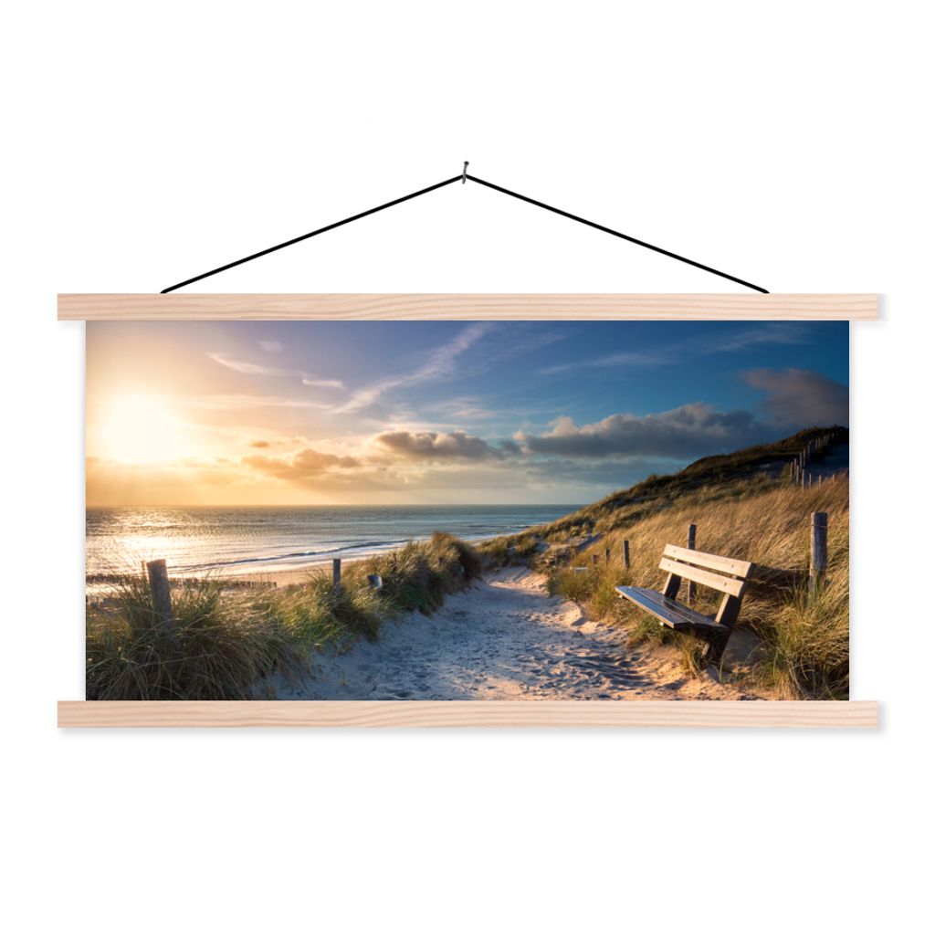 MuchoWow Textilposter Sonnenuntergang - Strand - Düne - Gras - Bank 60x30 cm mit holzfarbenen Rahmen - Dekoration