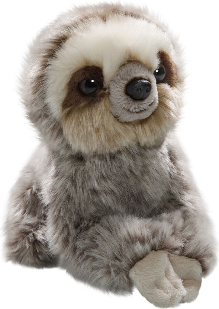 A plush toy sloth is shown from the front against a white background.