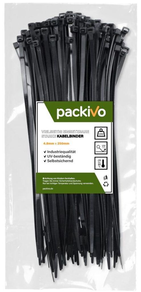 PACKIVO Kabelbinder, Schwarz - 250mm x 4,8mm, 100 Produktbild 