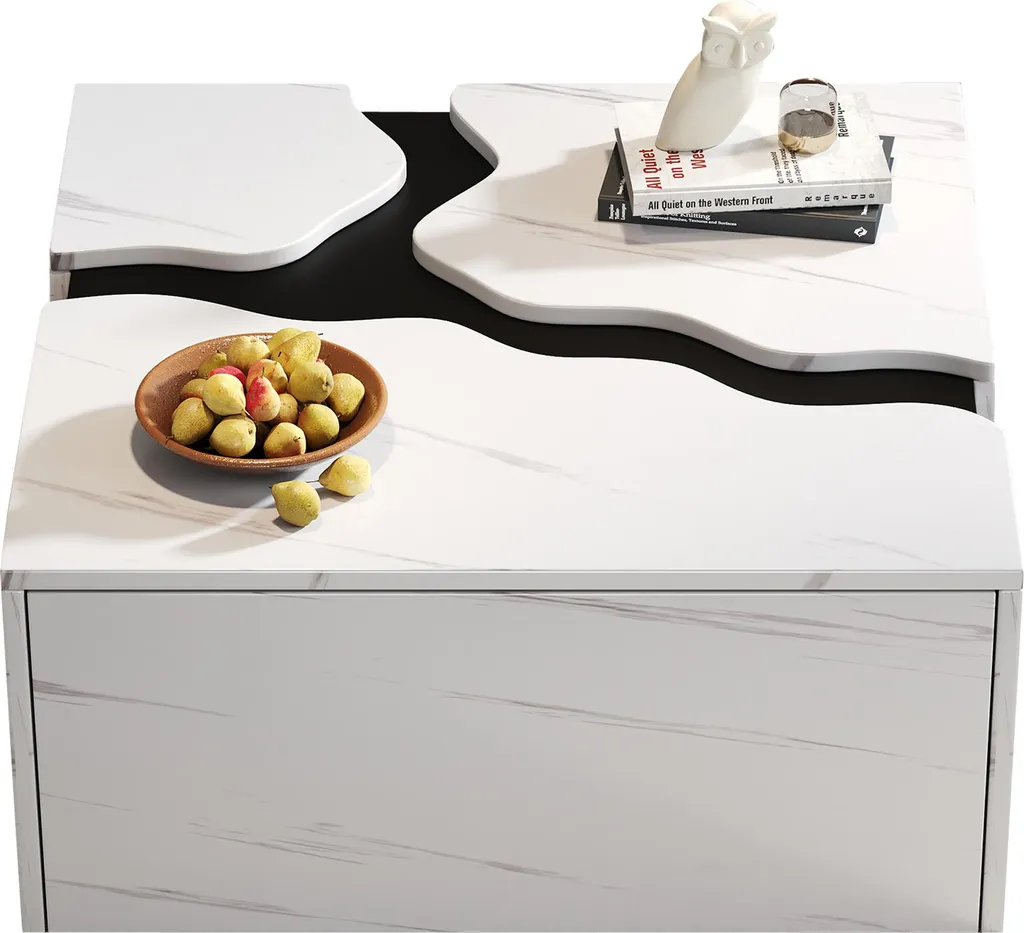 Tavolino da salotto Fortuna Lai, 70 x 70 x 31 cm, design geometrico a forma di cubo, tavolino con cassetto, tavolo con rivestimento in marmo dalla forma unica, tavolino da caffè, tavolino portaoggetti, tavolino da gioco - 8