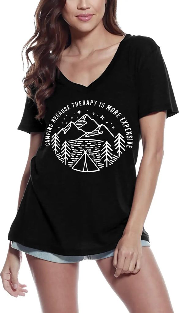 Damen Grafik T-Shirt V-Ausschnitt Lustiges Camping-Shirt - Camping weil Therapie teurer ist – Funny Camping Shirt - Camping Because Therapy Is More
