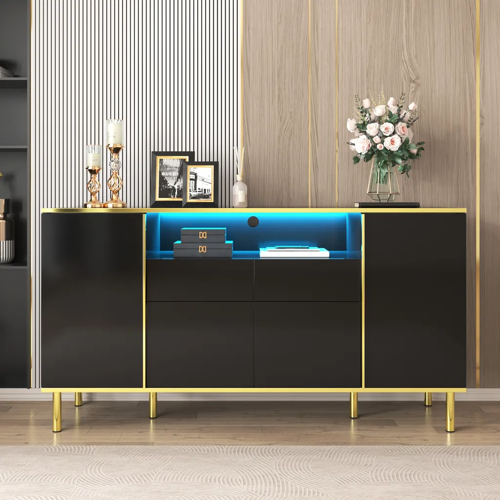 Merax Sideboard Noir Brillant avec LED et Cadre Doré Luxe - 150x40x80cm