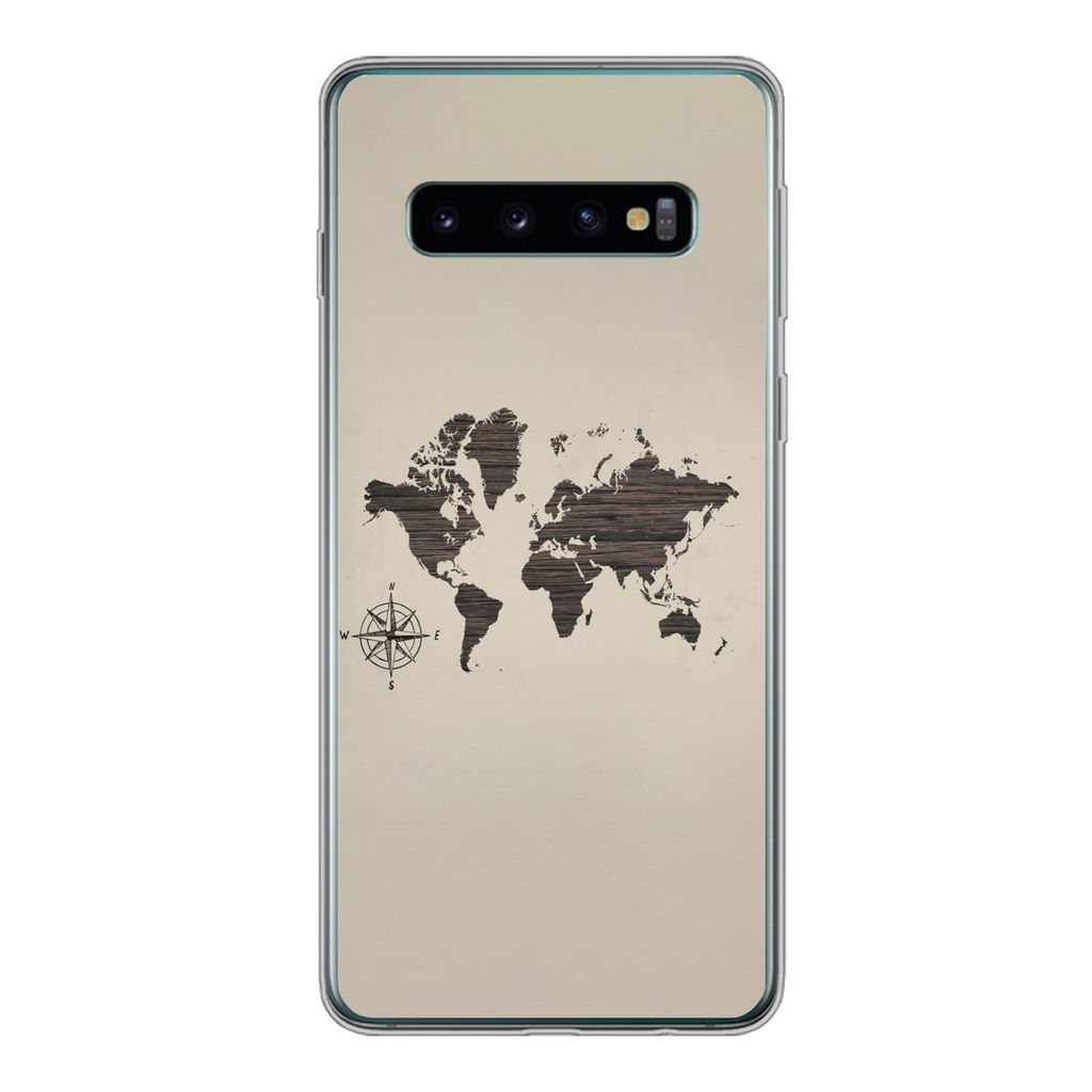 MuchoWow Handyhülle Schutzhülle Hülle für Samsung Galaxy S10 Weltkarte - Holz - Braun Silikon Softcase Handy Hülle - Handytasche
