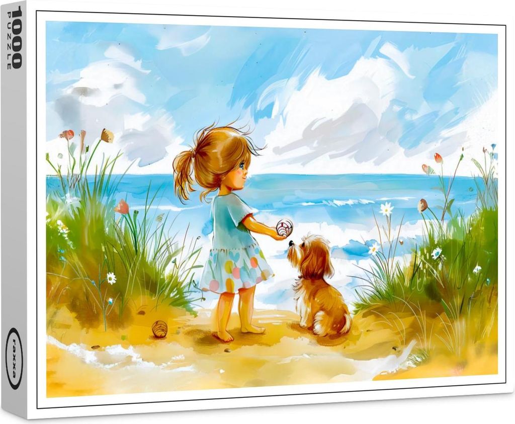 raxxa Premium-Puzzle "Girl with dog playing at beach watercolor", 1000 Teile