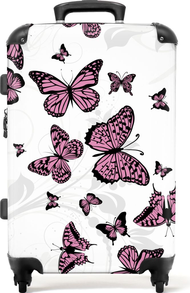 NoBoringSuitcases.com Großer Koffer - Muster - Schmetterling - Rosa - Weiß - Pflanzen - Kombinationsschloss TSA - Hartschalen Trolley 4 Rollen ...