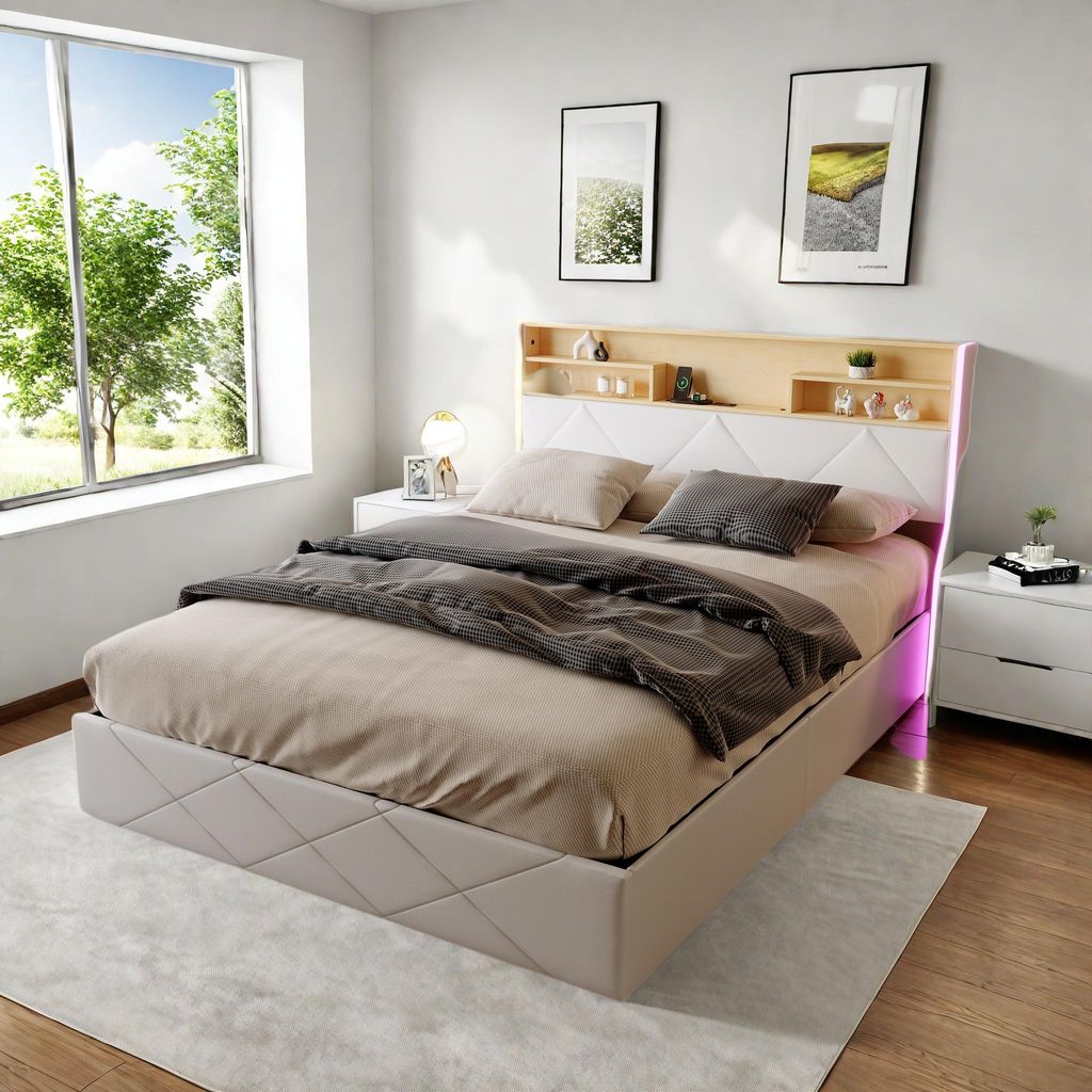 A bedroom scene with a bed, nightstands, and a window.
