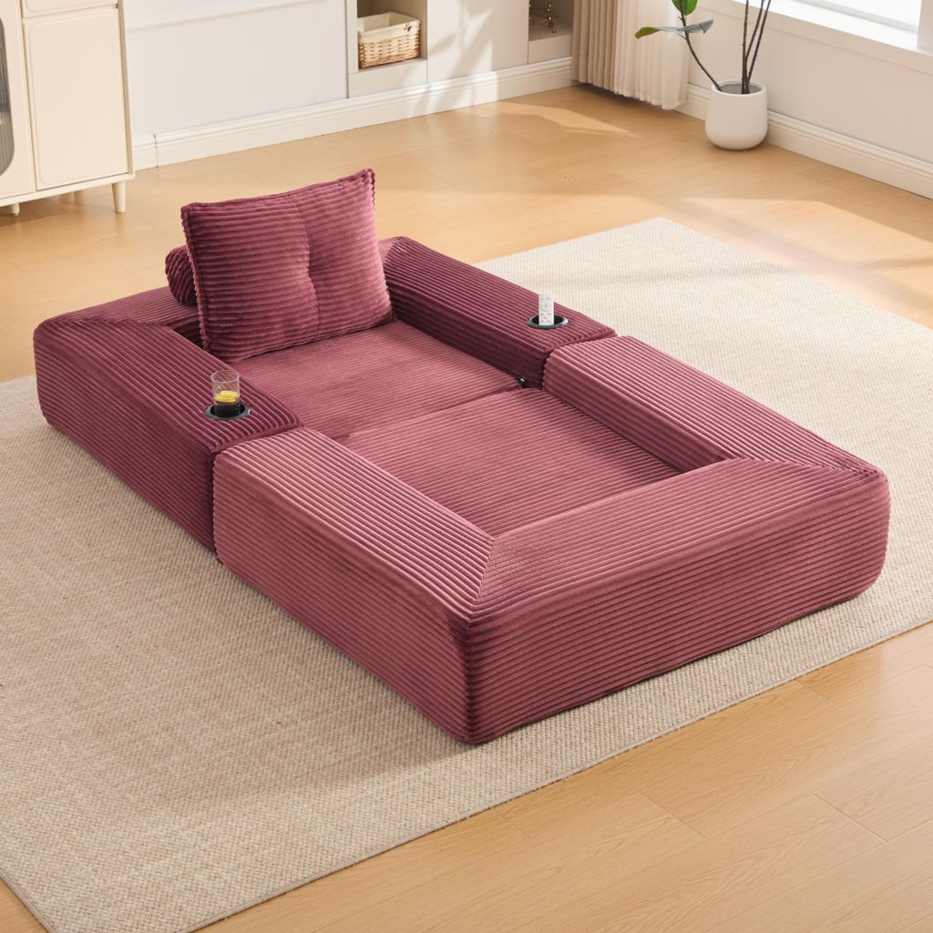 okwish Modulares Sofa Liegesessel mit Getränkehalter und Seitentasche, Klappsofa einfache Montage,Cord,für kleine Wohnungen,Weinrot