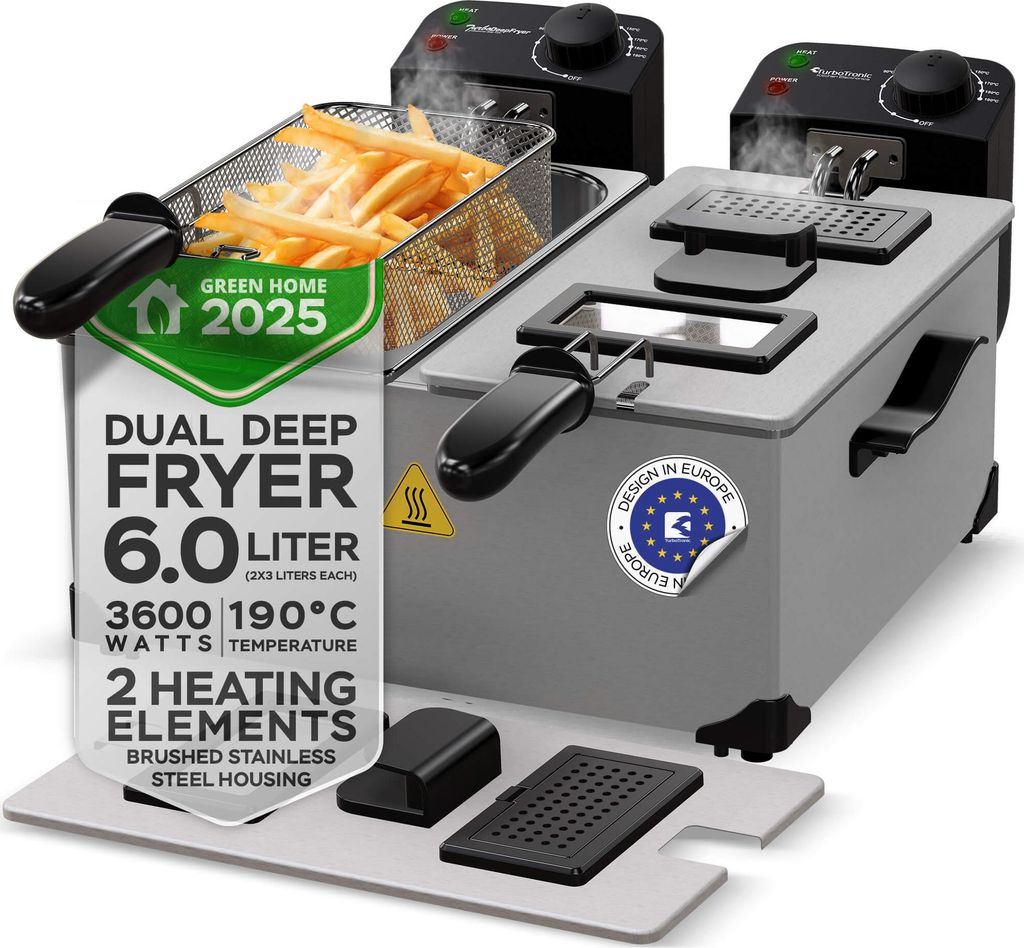 TurboTronic Doppel Fritteuse - DF2 - mit Öl 3600W 2x3L Edelstahl-Kaltzonen Friteuse mit spülenmaschinefesten Teilen, Sichtfenster und präzise 0...