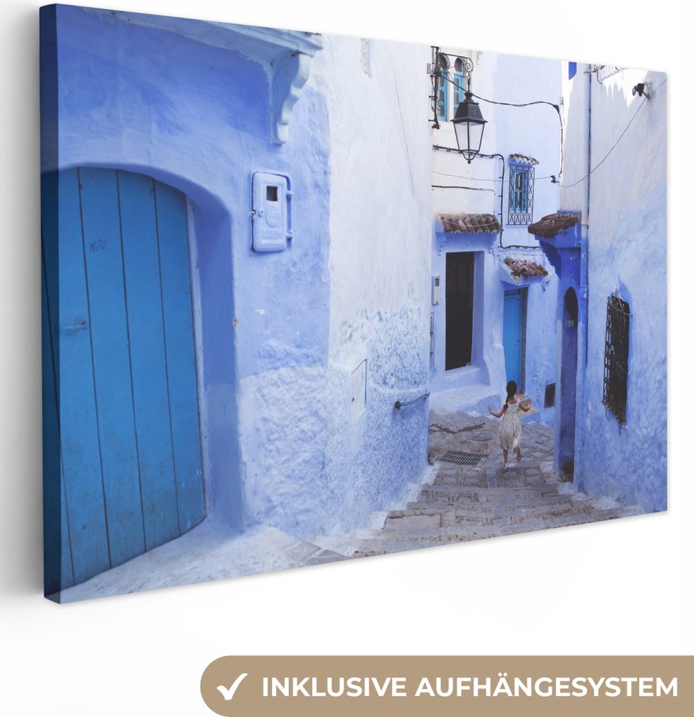 OneMillionCanvasses - Leinwandbilder - 150x100 cm, Straße - Blau - Türen - Häuser, Wandbilder Kunstdruck Wanddekoration - Foto auf Leinwand - ...