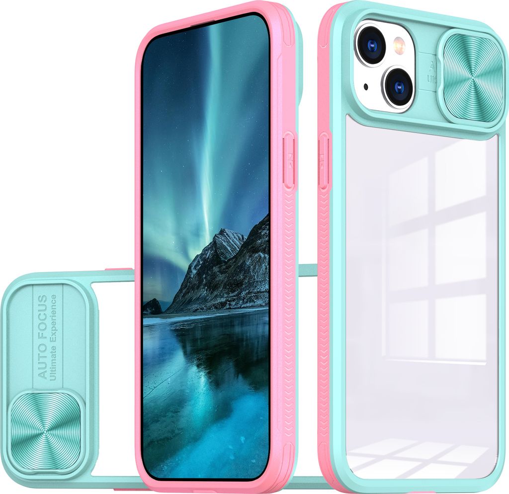Hülle für iPhone 15 Plus Transparent TPU Bumper Schutzhülle mit Schiebe Kamera Schutz Hellblau