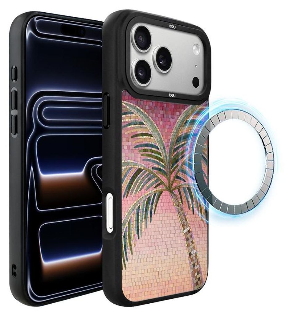 Schutzhülle für das iPhone 17 Pro, MagSafe-kompatibel, mattschwarze Seiten, Palmen, Mosaik