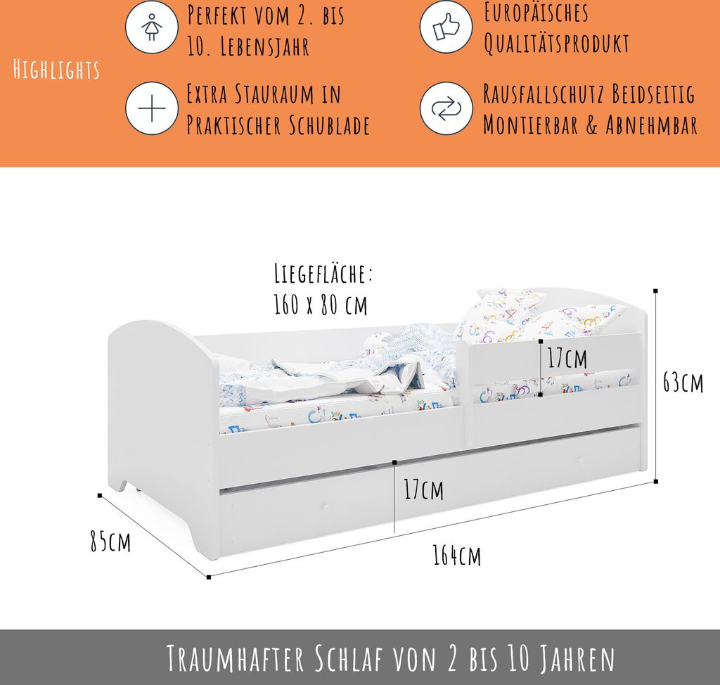 Detská postieľka 160x80 cm s matracom a zásuvkou, ochranou Obrázok produktu 6