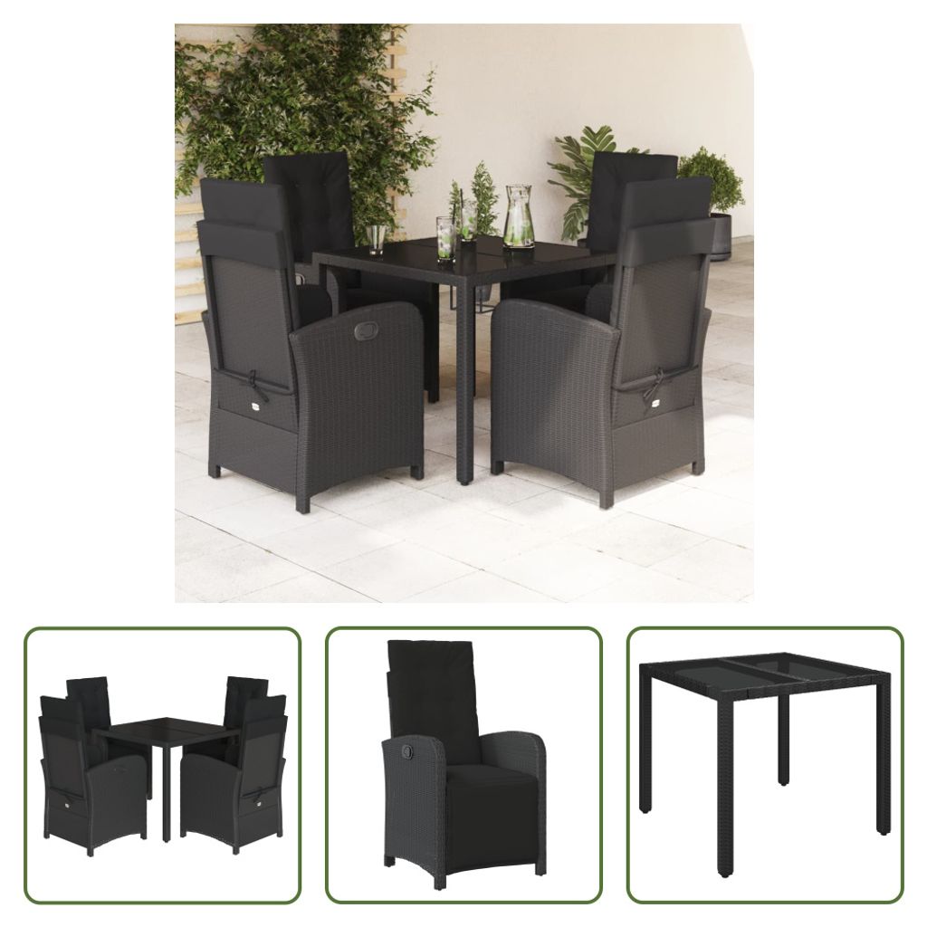 The Living Store 5-tlg. Garten-Essgruppe mit Kissen Schwarz Poly Rattan