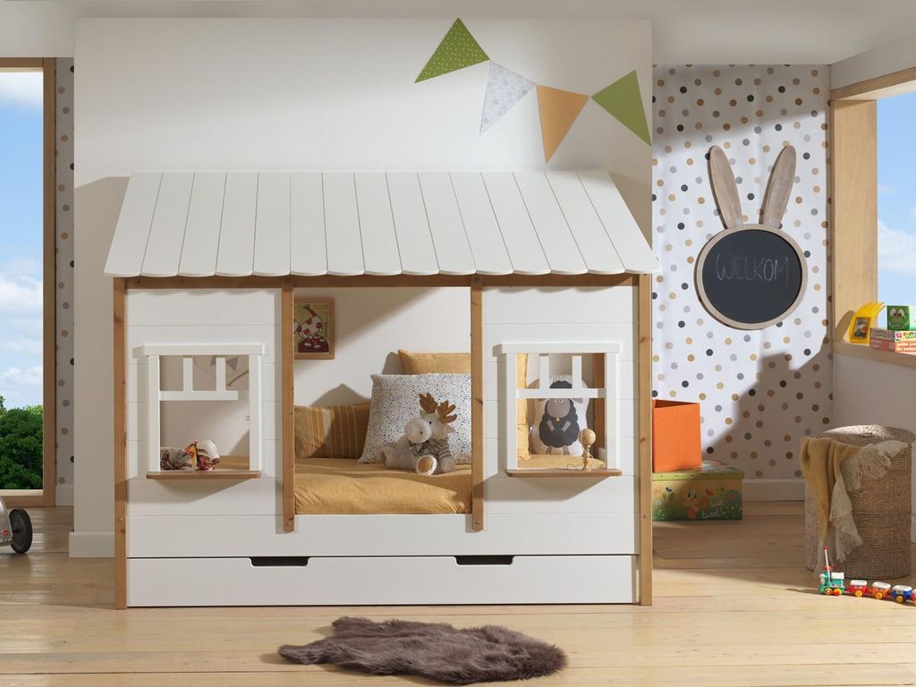 Bett mit Schublade Landhausbett BABS 90x200 cm Oak/Weiß