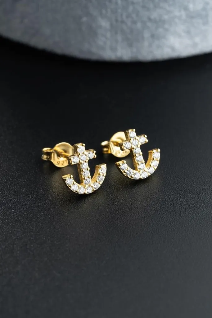 Boucles d'oreilles argent 925 ancre dorée et cristaux zircone brillants