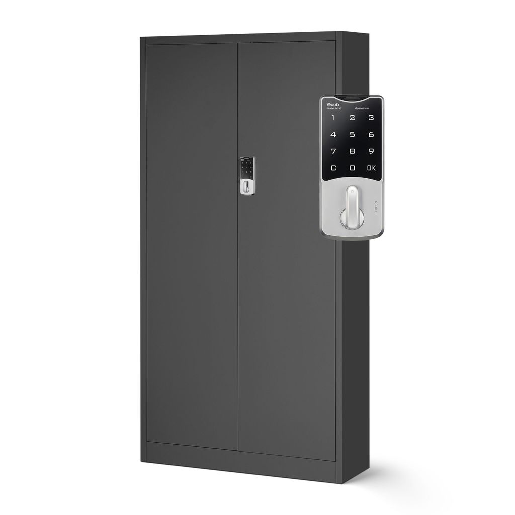 A tall, gray metal cabinet with a digital keypad lock on the right door, set against a white background.