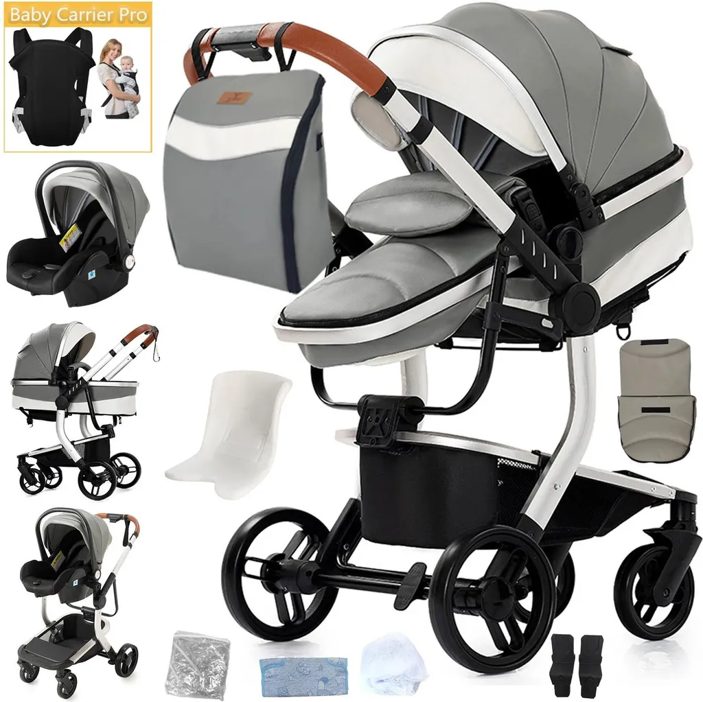 Poussette évolutive 3 en 1 avec grandes roues pour bébé de couleur grise