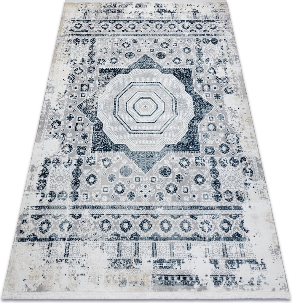 Moderner Teppich DUKE 51542 creme / blau - Rosette vintage, strukturiert, sehr weich, Fransen Blau 160x220 cm