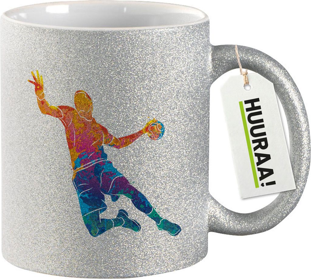 Huuraa Glitzertasse bunte Handball Silhouette 330ml Silber Keramik Kaffeebecher Geschenkidee