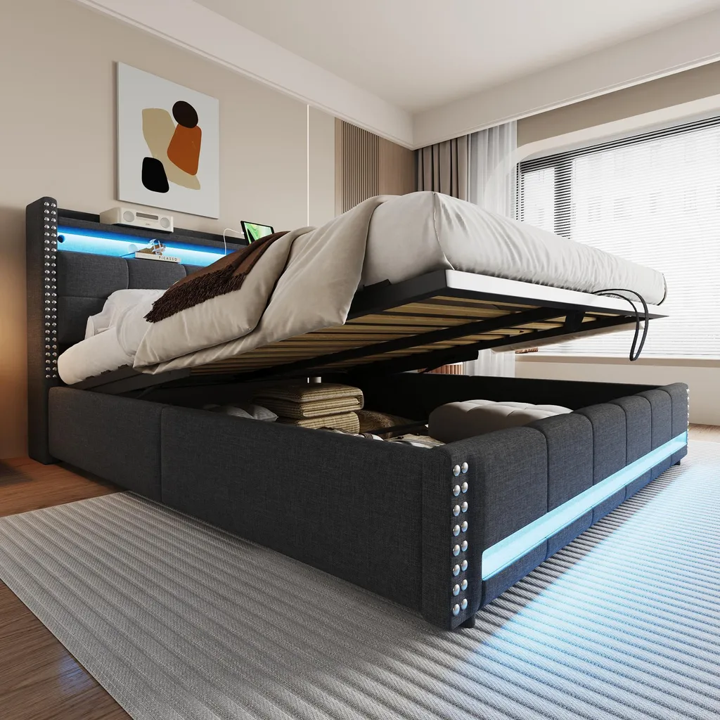 Lit Gain de Place 180x200 avec Coffre de Rangement et Chargeur USB Gris