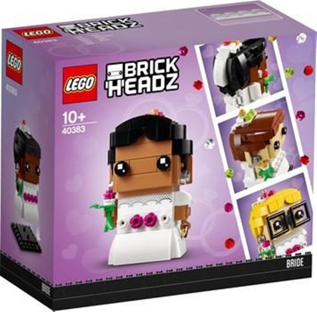 The image shows the packaging of a LEGO BrickHeadz set featuring bride figures.