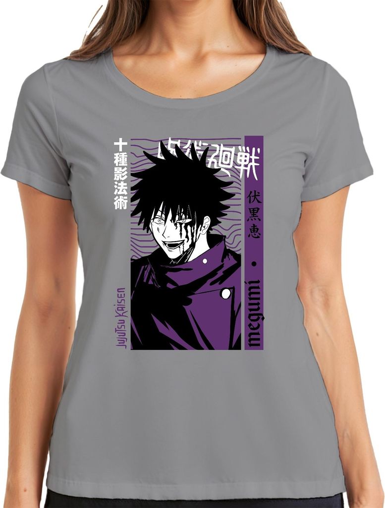 Jujutsu Kaisen Megumi Fushiguro Anime Manga düster lila blutig Damen T-Shirt, Grau, XL