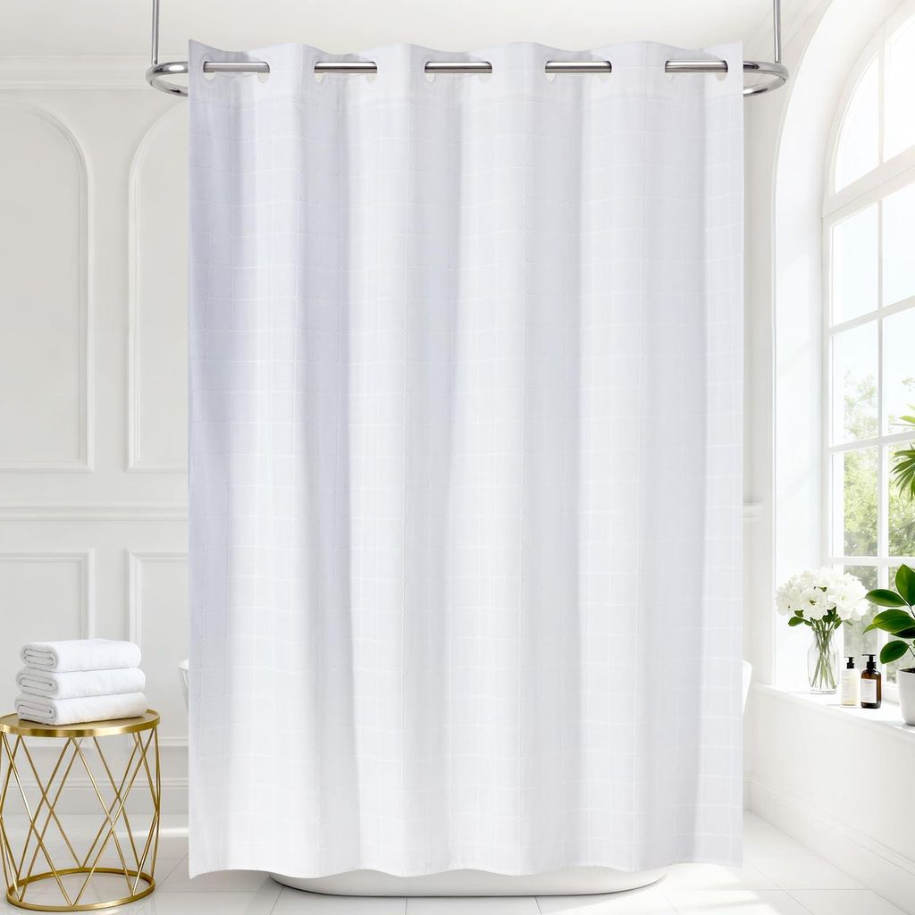 Hakenloser Duschvorhang, kariert, Polyester-Leinen, wasserabweisend beschichtet, Landhausstil, rustikal, Shabby Chic, neutral, 182 x 190 cm