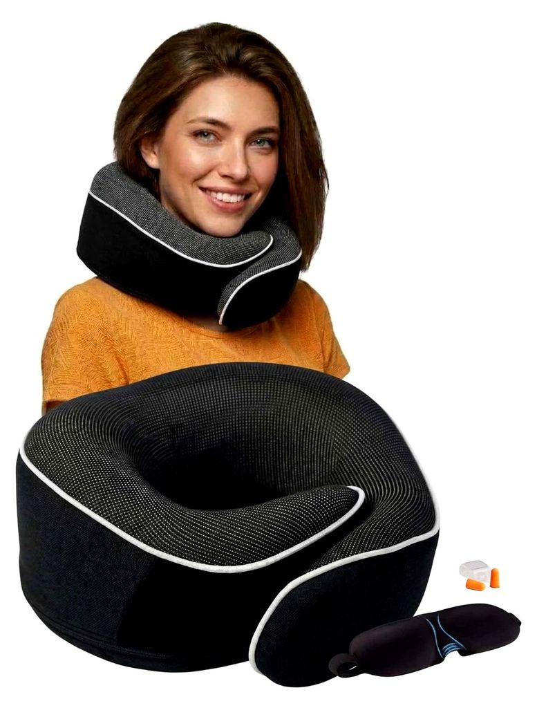 Reise-Nackenkissen Memory Foam – Ergonomisches Nackenhörnchen Flugzeug & Auto – Verstellbares Reisekissen inkl. Schlafmaske & Tasche – Wa...