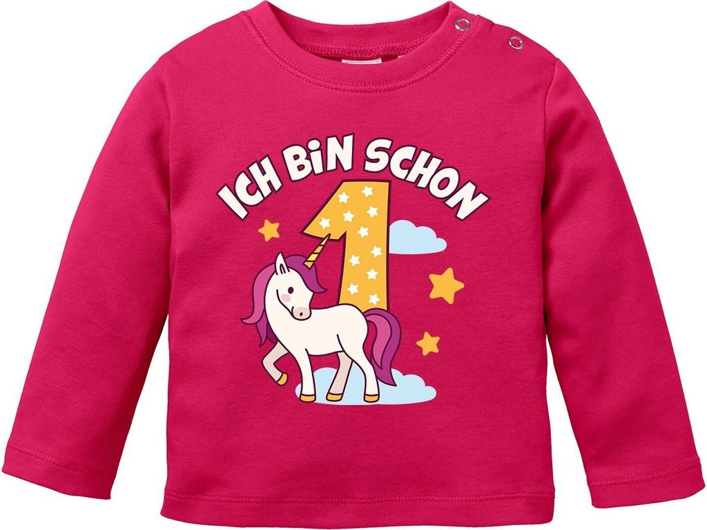 Baby Langarm-Shirt Einhorn Alter Zahl Spruch Ich bin schon 1 (2) Geburtstagsshirt Baumwolle Mädchen MoonWorks 1 Jahr sorbet 80/86 (10-15 Monate)
