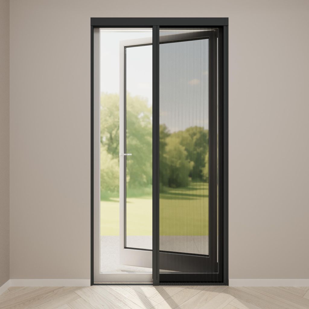 Radeco Plisseetür Insektenschutz - Schwarz Netz - Profilfarbe Anthrazit - 96 x 206 cm (BxH)