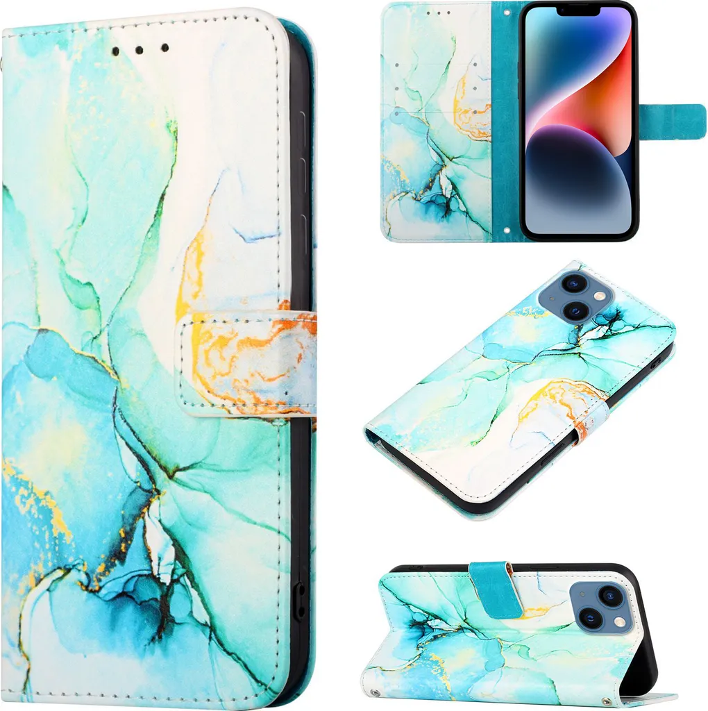 custodia per iPhone 14, custodia in Finto cuoio con motivo a marmi, tasche per carte, custodia stand per iPhone 14 verde