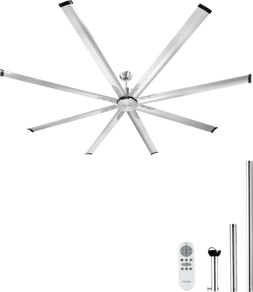 A large ceiling fan with eight blades is shown against a white background. Accessories like a remote control and mounting poles are also visible.