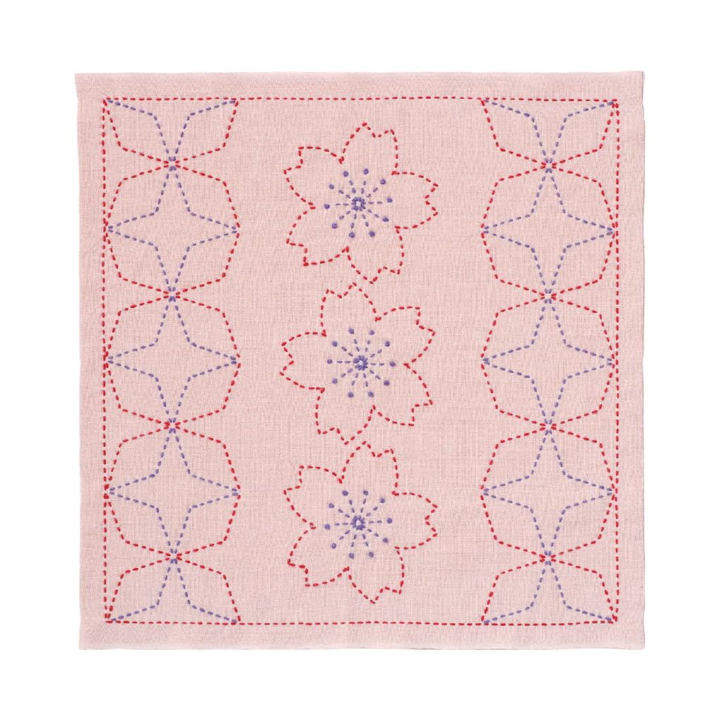 Olympus Sashiko Stickpackung "Hana Fukin Kirschblüte und Kaku-shippou", Stoff bedruckt, 33x33cm, Original aus Japan