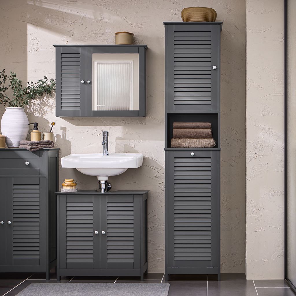 A dark gray bathroom vanity set with a sink and a tall cabinet.