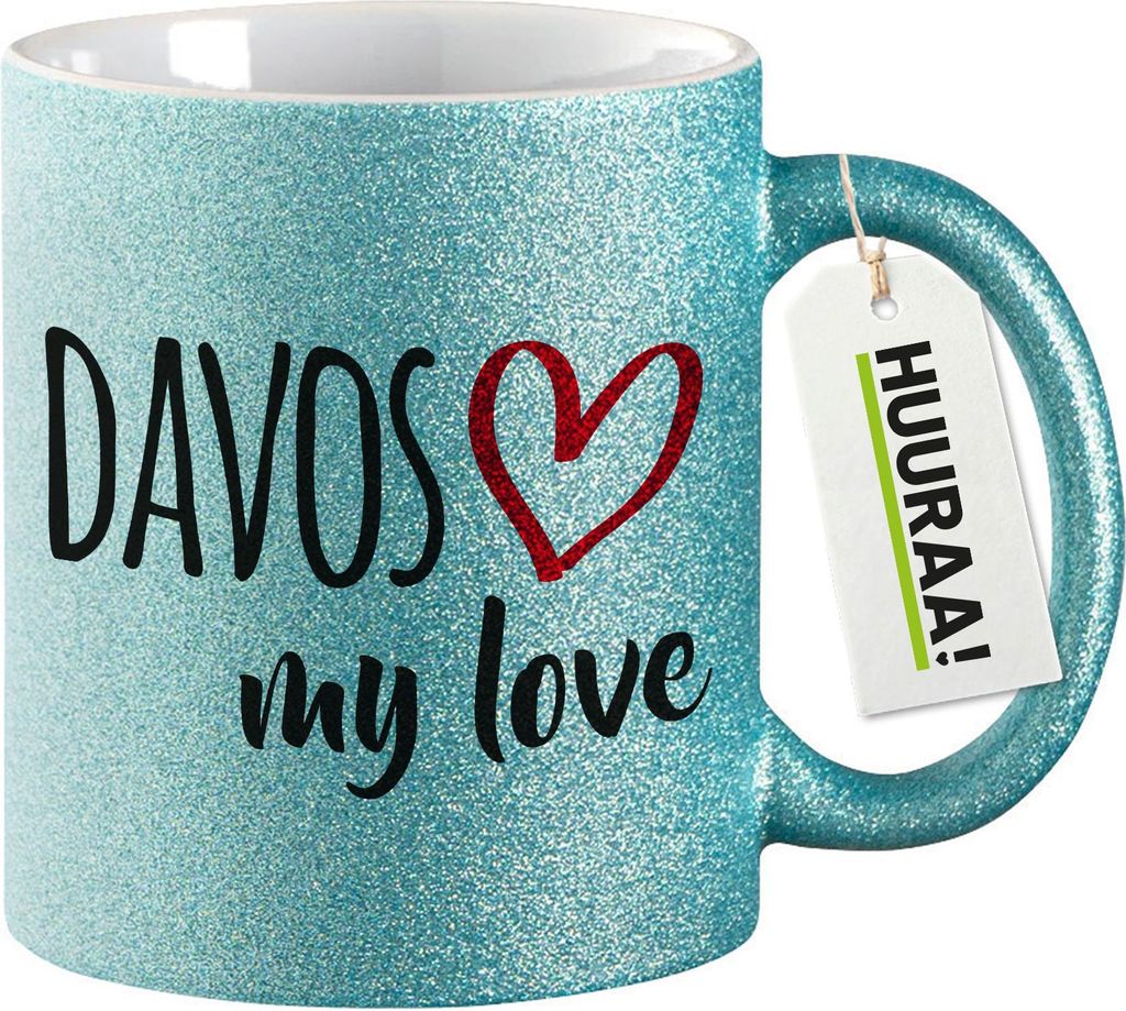 Huuraa Glitzertasse Davos my love 330ml Blau Keramik Kaffeebecher Geschenkidee