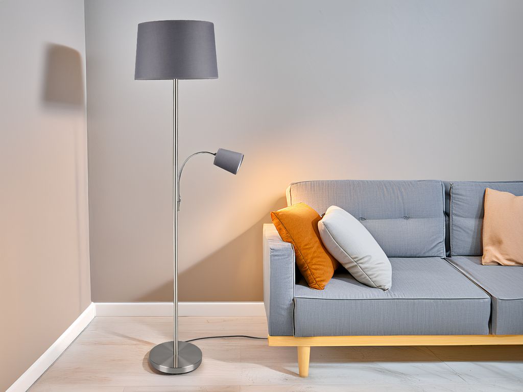 Große Wohnzimmer Stehlampe mit Leselampe und Stoff Lampenschirmen Grau, H: 170cm