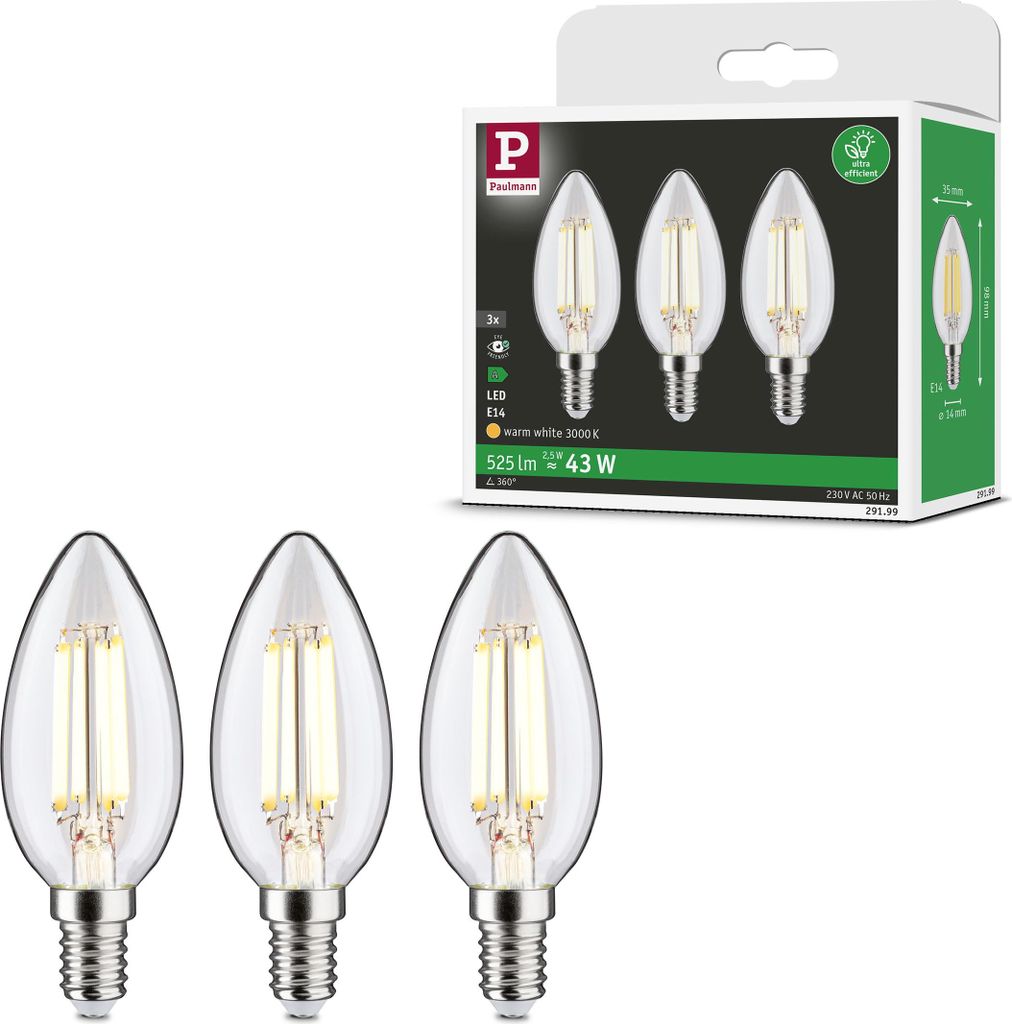 Paulmann Eco-Line Filament 230V LED Kerze 3er-Set 98mm