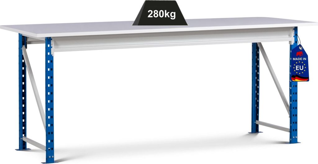 Werkbank MAXIMUS PRO mit 22mm-Melaminplatte | HxBxT 102x200x80cm | Traglast 280kg | Signalblau/Lichtgrau