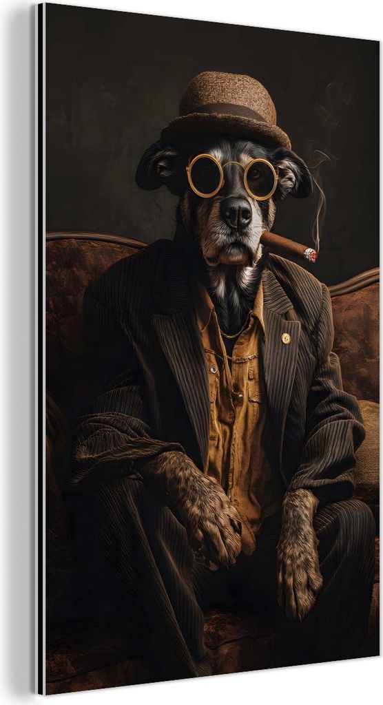 MuchoWow Wanddekoration Metall Metallbild Wandkunst 20x30 cm Hund - Zigarre - Hut - Anzug MuchoWow Aluminium Gemälde - Alu Dibond Bild