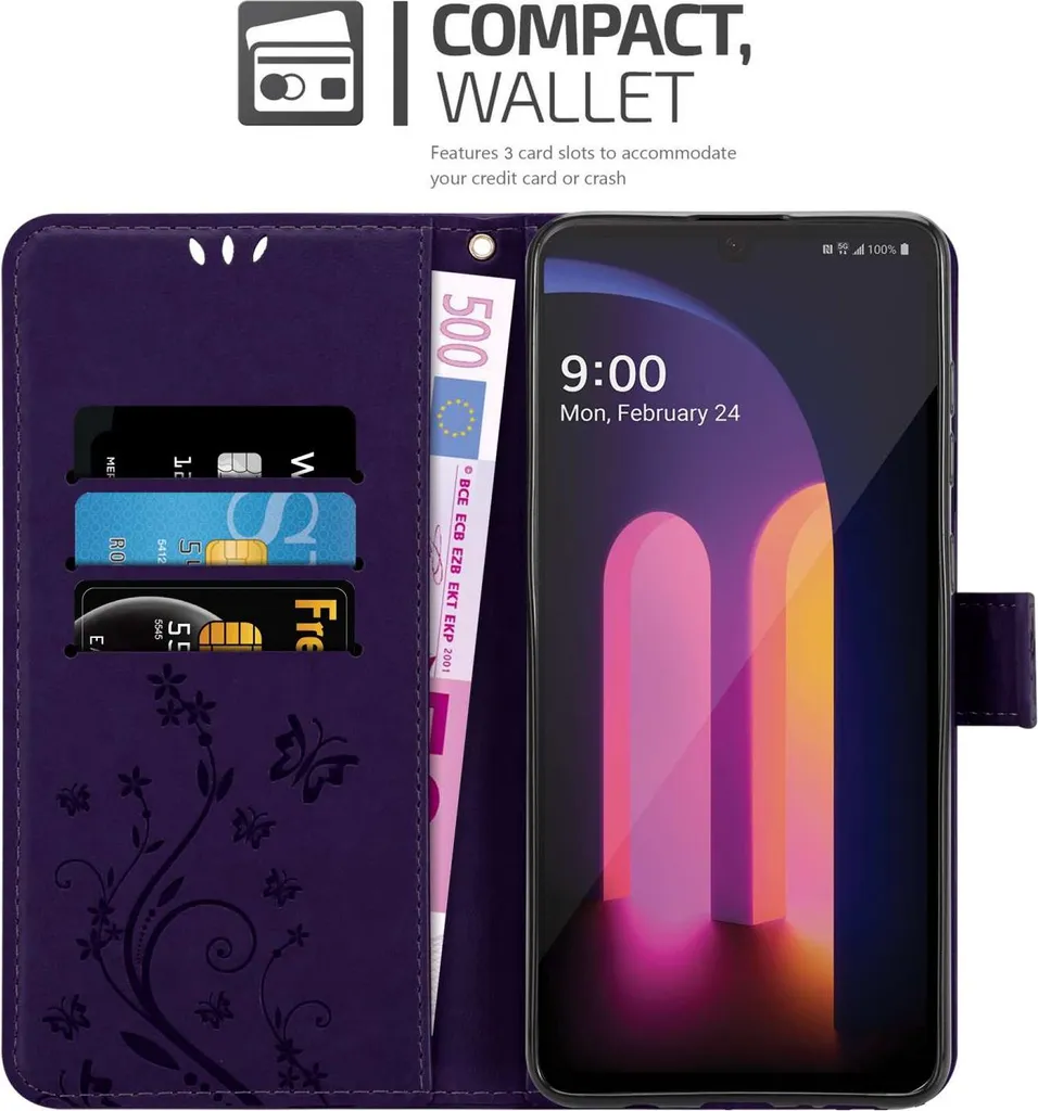 Cadorabo cover per LG V60 ThinQ in FLORAL DARK PURPLE cover protettiva dal design floreale con chiusura magnetica, funzione stand e slot per carte di credito custodia flip cover a fiore custodia flip cover per cellulare custodia a libro - 2