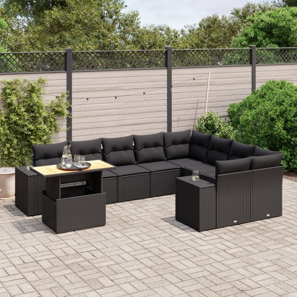 The Living Store 10-tlg. Garten-Sofagarnitur mit Kissen Schwarz Poly Rattan