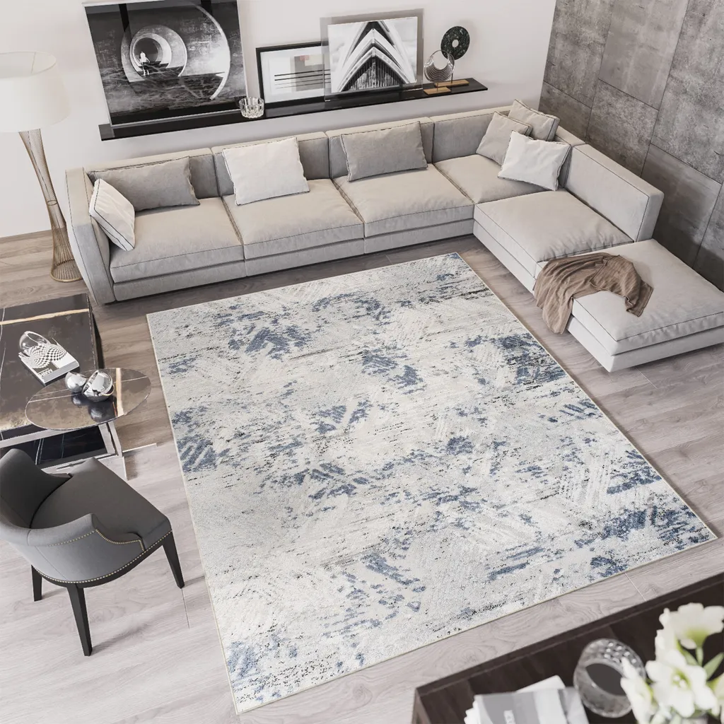 Tapis de Chambre Design 140x200 cm Bleu Gris Chiné Idéal pour Salon Chic