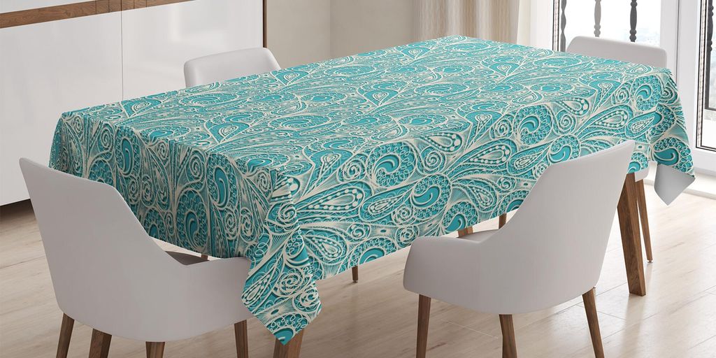ABAKUHAUS Teal Tischdecke, Klassische Spitze Style Pattern Weiblichen Elementen Inspiriert Artwork Druck, 140 x 240 cm, Teal Beige